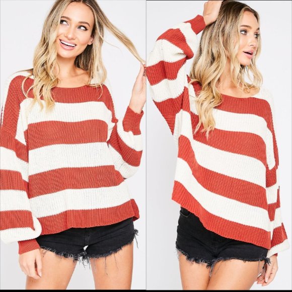 Jaxie's Unique Sweaters - Oversized Striped Knit Long Sleeve Sweater
